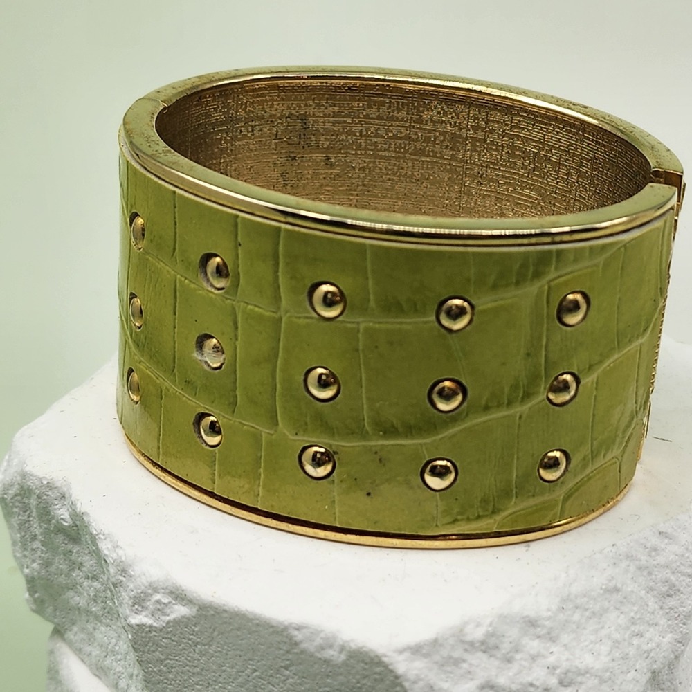 Green Faux Croc Embossed Wide Cuff Bracelet Gold Tone Studded Statement Bangle